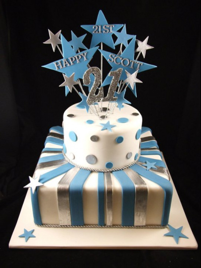 21st cake 2 tier panels silver blue stars